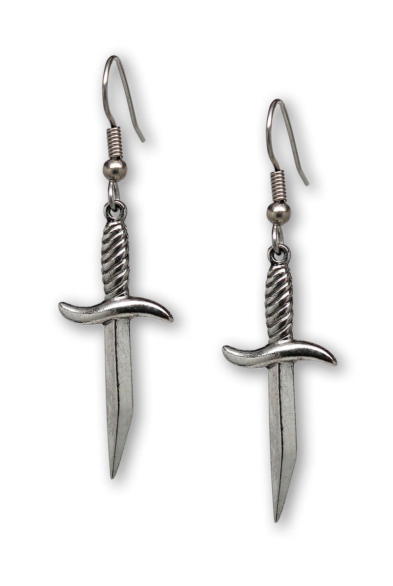Real Metal Gothic Dagger Sword Pirate Medieval Renaissance Silver Finish Dangle Earrings - Image 1